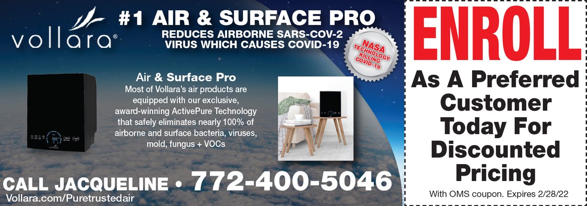 Protect yourself from COVID-19 with NASA TECHNOLOGY from Vollara 🌎 Enroll as a preferred customer today for DISCOUNTED PRICING! 

#AirAndSurfacePro #ActivePureTechnology #AirPurification #AirPurifier #PureAir #TrustedAir #Discounts #CleanAir #Coupons #MartinCounty #PalmBeach