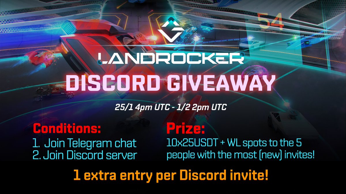 landrocker_io's tweet photo. 🔥DISCORD GIVEAWAY!🔥

Prize: 10x25USDT + WL spots to the 5 people with the most (new) invites!

Links: 
https://t.co/QXdd1cOyDa 
https://t.co/qsorWR3MdD

LFG! 

#playtoearn #p2e #giveaways #discordgiveaway #nftgame https://t.co/Uq5PfcJ2vO
