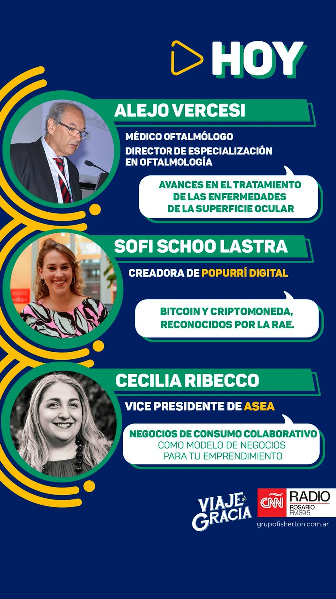 #HOY en #VDG
▶️  <a href="/alvercesi/">alejo vercesi</a> habla de avances en la medicina ocular
▶️  <a href="/sofischoolastra/">Sofi</a> de <a href="/popurridigital/">Popurrí Digital 📱</a> habla sobre bitcoins, criptomonedas y la #RAE 
▶️  <a href="/ceciliaribecco/">Cecilia Ribecco</a> de @asea_arg da tips para emprendedores
#emprender #criptomonedas #bitcoins #medicinaocular #nuevo