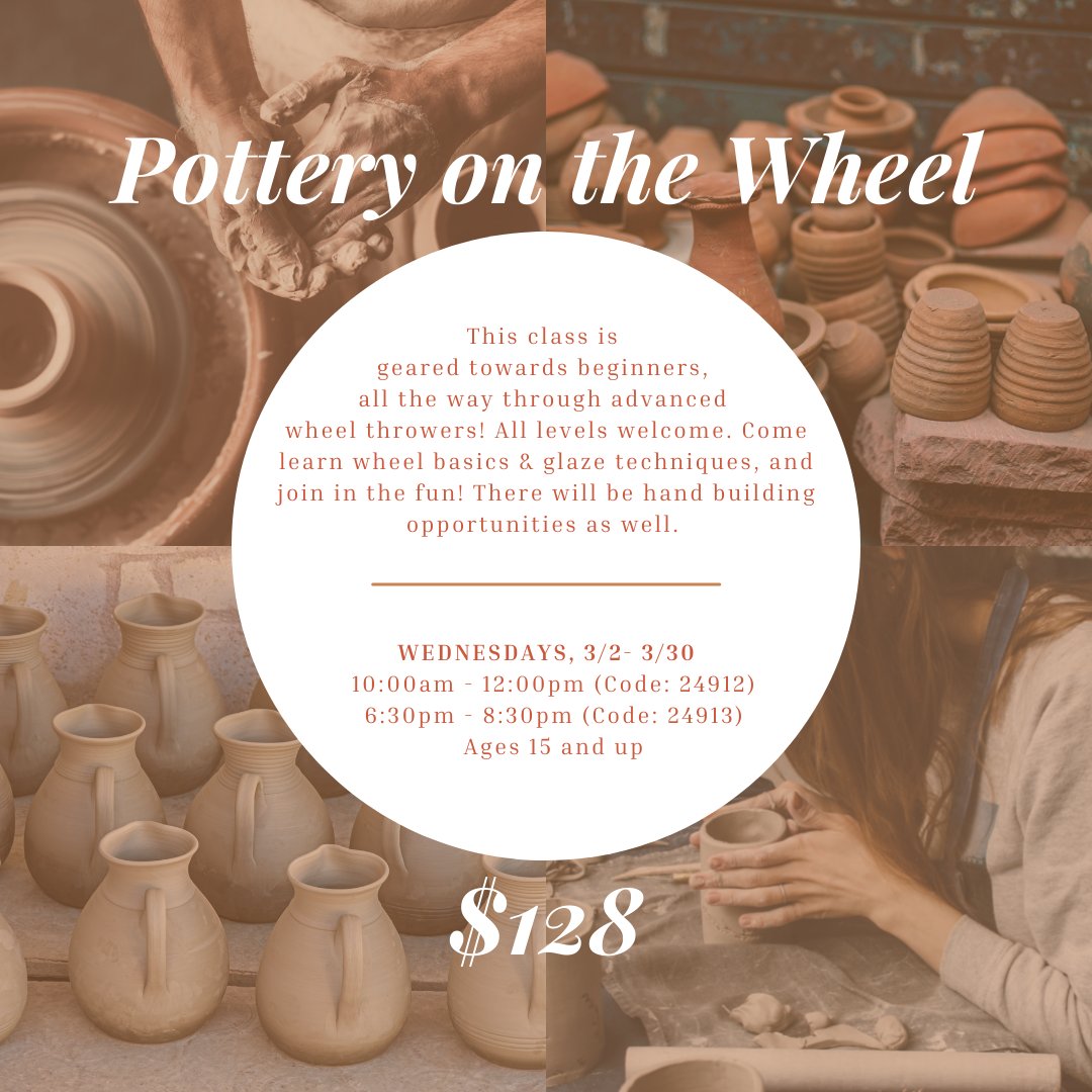 ArtStationCobb's tweet photo. Your head will be spinning with joy when you sign up to our upcoming Pottery on the Wheel classes!

To register, visit https://t.co/XmdtvQ3Bkb or give us a call at 770-514-5930. #pottery #cobbparks #cobbculturalaffairs #adultclay #handbuilding #art #wheelthrowing #claythrowing https://t.co/drt69IxM3h