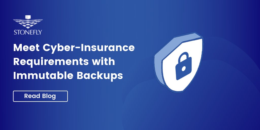 StoneFlyInc's tweet photo. To meet #cyberinsurance requirements, policyholders are required to set up #immutablebackups which lowers premiums and provides better coverage. Learn how to add #immutability to your existing infrastructure: https://t.co/8pQagRKB5A https://t.co/jbL3MQP37k