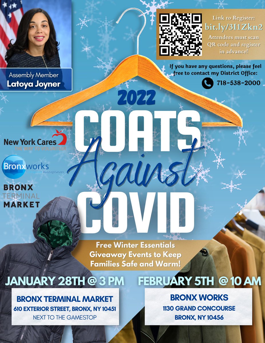 #JoinHer this Friday afternoon for the first of two Coat Giveaways🚨

You can access the link below or scan the QR code to register in advance‼️

🔗 bit.ly/3I1Zkn2

🗓 January 28th @ 3 PM
🏫Bronx Terminal Market (near Gamestop)
📍610 Exterior Street, Bronx NY, 10451