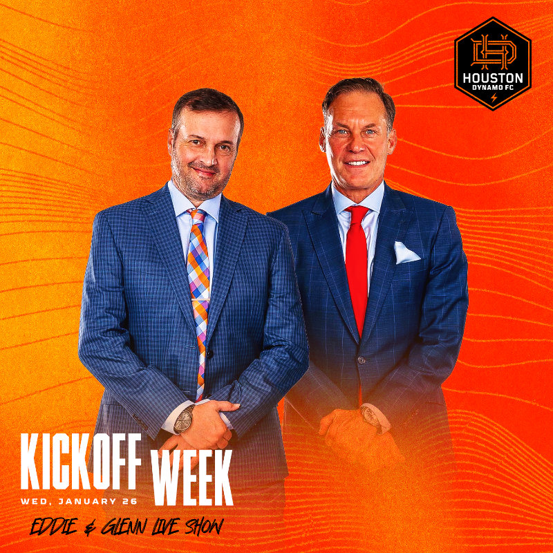 HoustonDynamo's tweet photo. Had to start Kickoff Week with these two 😎 

Join @eddie_robinson2 &amp; @GlennDavisSoc tomorrow afternoon as they preview the 2022 season, welcome special guests from the Club, and more!
