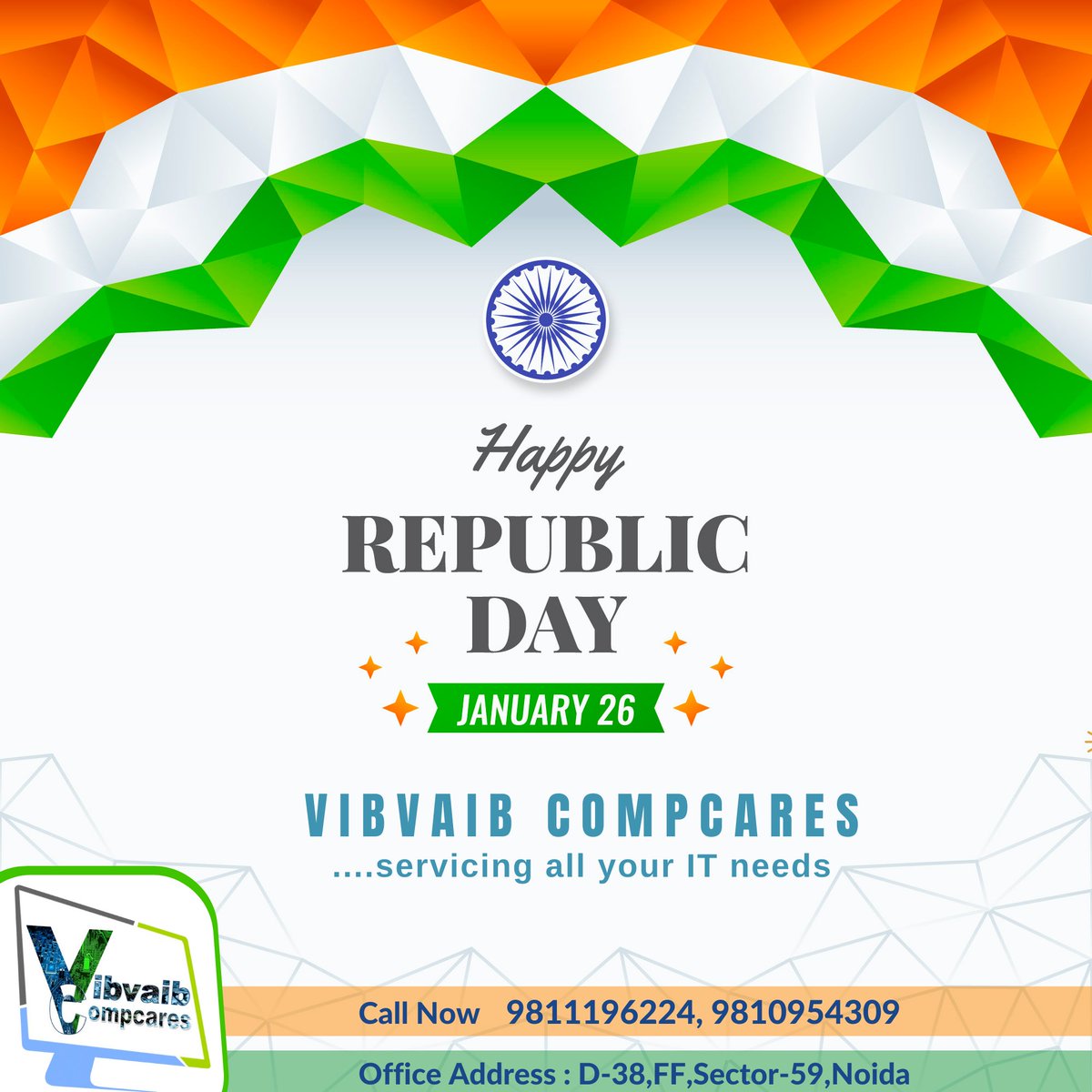 'Wishing you a very Happy Republic Day'
.
let us remember the golden heritage of our country and feel proud to be a part of India. 
.
📞On One call +91 9811196224 and your laptop is repaired 💻 Our services at your Doorsteps
.
#happyrepublicday #laptoprepairing #pcrepairing