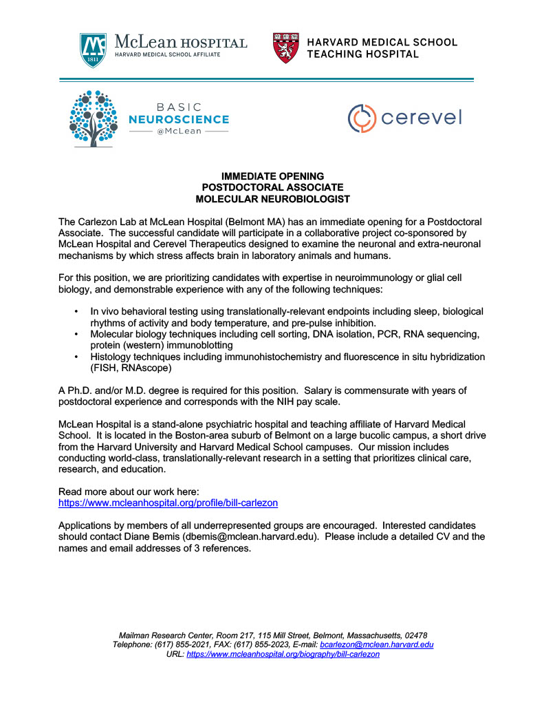 🚨 Job alert! The Carlezon Lab (mcleanhospital.org/profile/bill-c…) <a href="/McLeanHospital/">McLean Hospital</a> <a href="/harvardmed/">Harvard Medical School</a> is seeking a postdoctoral associate to study neuronal and extra-neuronal mechanisms of stress. Expertise in neuroimmunology and glial cell biology is a plus! 

Please RT and tell your colleagues!
