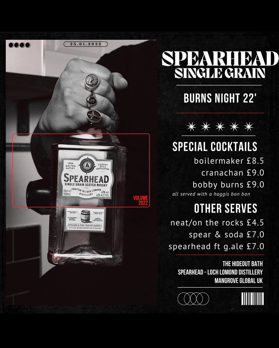 The Hideout (@hideout_bath) on Twitter photo Come and celebrate Burns Night with our <a href="/SpearheadWhisky/">Spearhead Whisky</a> specials, from 5pm! 🥃
#BurnsNight #whiskybar #hideoutbath Come and celebrate Burns Night with our <a href="/SpearheadWhisky/">Spearhead Whisky</a> specials, from 5pm! 🥃
#BurnsNight #whiskybar #hideoutbath
