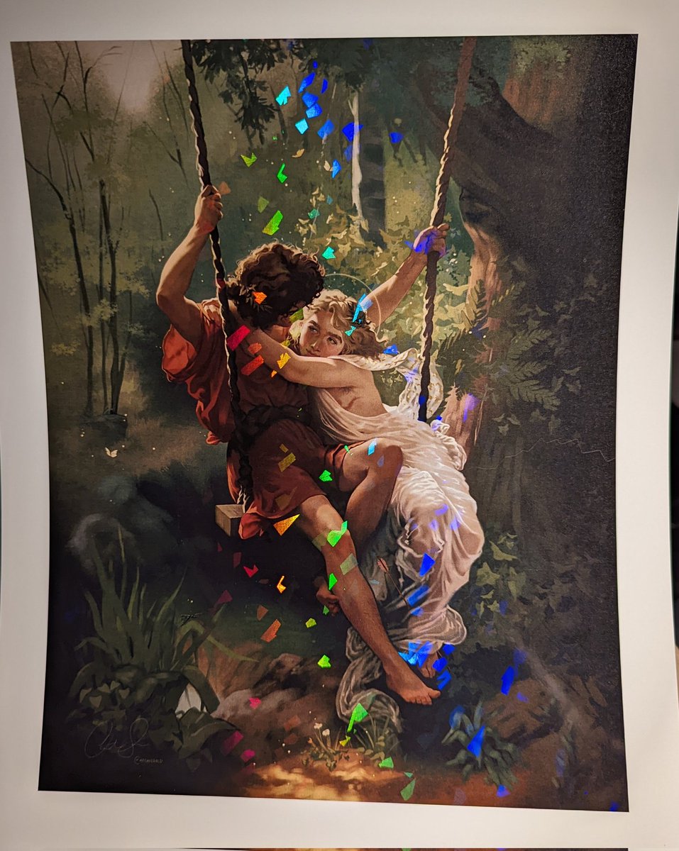 A holographic print of a painting depicting two women cuddling on a swing among the trees.