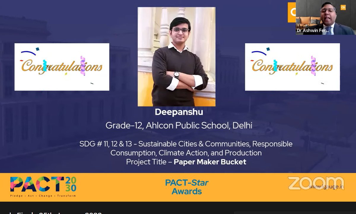 sr_aps's tweet photo. A proud moment as Ahlconite  Deepanshu won the PACT Star Awards for his incredible project -Paper Maker Bucket, based on SDG 11 , 12&amp; 13 @ashokkp @Ahlconpublic1 @sanjeevbansal06 @GanguliKuhu @MamthaSays @seemasoniaps https://t.co/OyDNI78Hsk