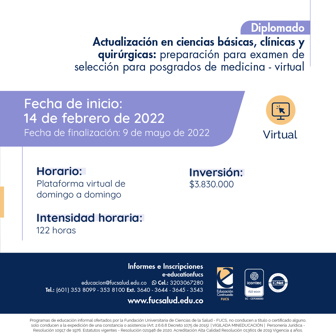 FUCS Educación Continuada (@educacionfucs) on Twitter photo Los invitamos a participar en nuestro Diplomado- Preparación para examen de selección para posgrados de Medicina- Virtual
💡Inscripciones: Ingresa a bit.ly/3tSA2Ep
Para mayor información escríbenos a:
📲3203067280
#YoAprendoEnCasaConLaFucs
#profesionales #salud #medicina Los invitamos a participar en nuestro Diplomado- Preparación para examen de selección para posgrados de Medicina- Virtual
💡Inscripciones: Ingresa a bit.ly/3tSA2Ep
Para mayor información escríbenos a:
📲3203067280
#YoAprendoEnCasaConLaFucs
#profesionales #salud #medicina