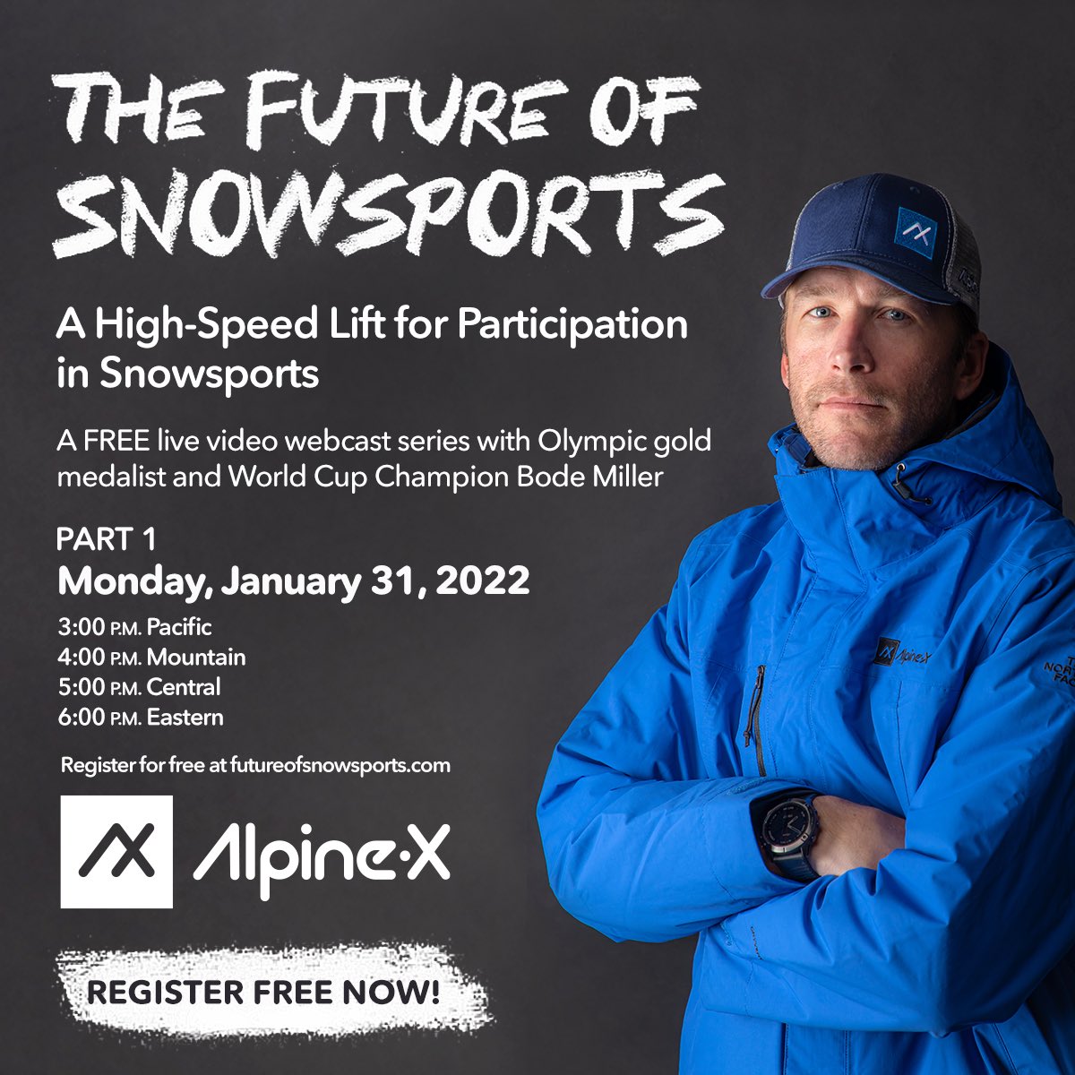 Register for a free live video webcast series with me and @AlpineXUSA on Monday 1/31 4pm MST, 6 pm EST. You can register and submit questions through this link alpine-x.com/future-of-snow… #Livestream #wintersports #skiing