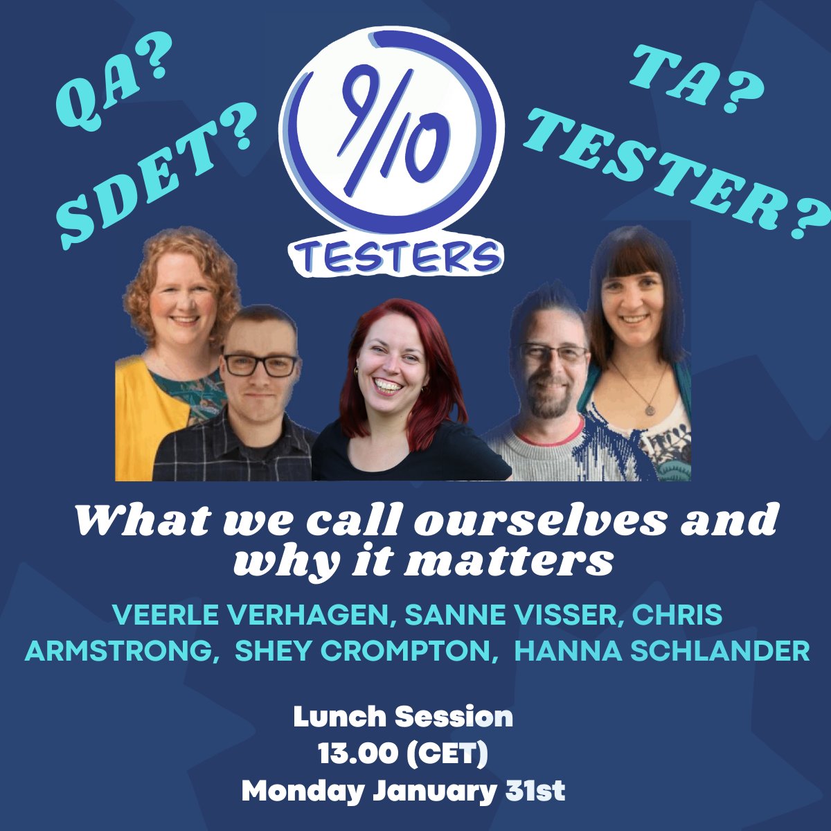 Our first meetup of the year! Come and see <a href="/christovskia/">Chris Armstrong</a>, @SimplySanne, <a href="/witchofthetest/">Wicked Witch of the Test</a>, @hannaschlander, and <a href="/SheyMouse/">Fifty Grades of Shey</a>  talk, laugh, and rant about what we call ourselves and why? 
13:00 CET / 12:00 GMT on 31/01 
linkedin.com/events/9out10t…