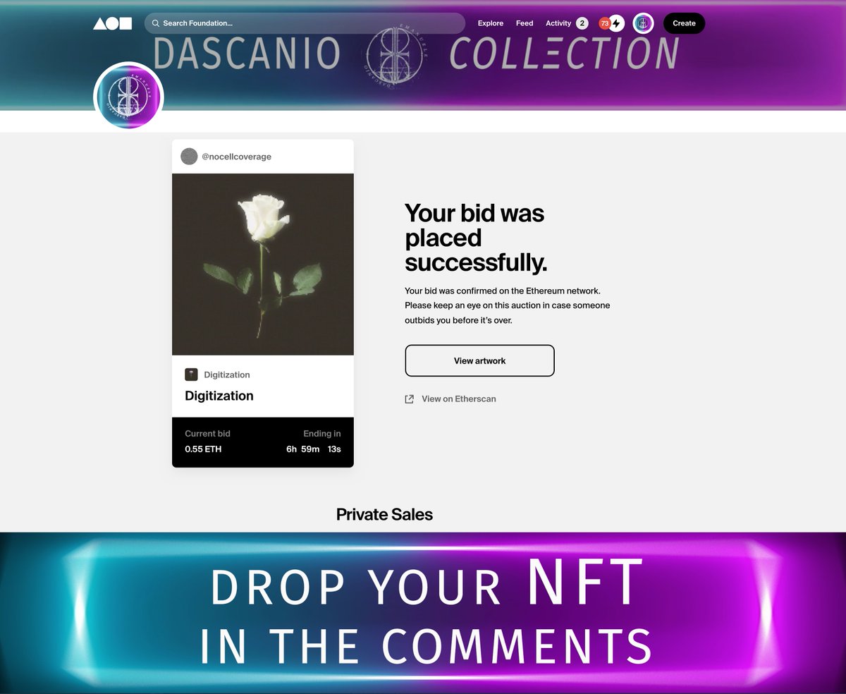 My path as a NFT collector .💎
Today BID on <a href="/nocellcoverage/">NOCELLCOVERAGE</a> ✨

Next 4 days i will buy NFTs  by other artists. 
Post your NFT, let me see 👀 

⚠️I will consider your NFT only if:
- write #dascanioNFT ✨
- FOLLOW ❤️‍🔥
- RETWEET (share this opportunity) ❤️‍🔥
