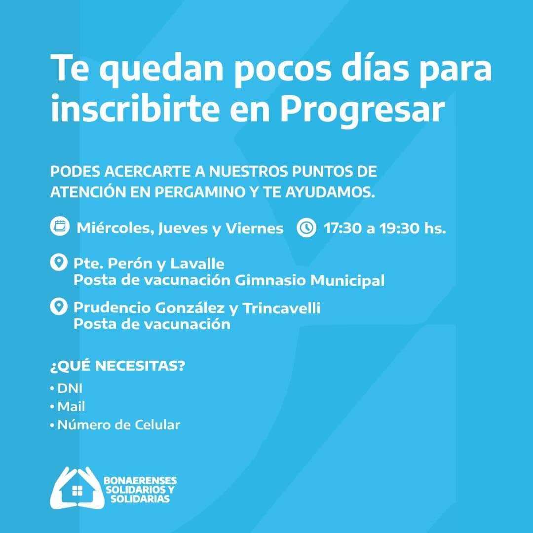 INSCRIPCIÓN AL PROGRESAR 📚

Quedan pocos días para inscribirte al Progresar, si tenés 16 o 17 años y todavía no lo hiciste recordá que lo podés hacer a través del siguiente link: argentina.gob.ar/educación/prog…