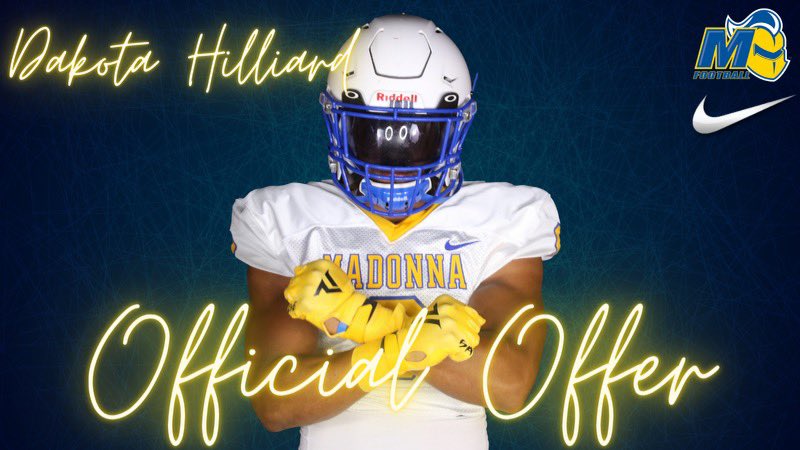 Dakotahilliard8's tweet image. After a great talk with @DiPonio_9, I am blessed to receive an offer from Madonna University @WLHSWildcatsFB
