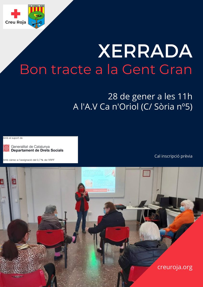Vine aquest DIVENDRES 28 de GENER a l'AV Ca n'Oriol.

La <a href="/CreuRojaStCugat/">Creu Roja Sant Cugat</a> i l'AV Ca n'Oriol s'ajunten per oferir una xerrada sobre el "Bon tracte a la gent gran" i les seves cures.