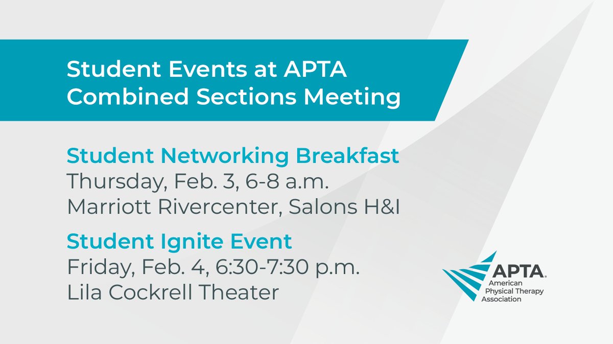 APTAStudents's tweet photo. Attending #APTACSM? We're hosting two special events designed specifically for students. 

The first is a free networking breakfast and the second event is the Student Ignite Event where speakers will give short, engaging talks on ideas. 

Join us! https://t.co/Edkp9ykDMb https://t.co/CiCYgJVsMf