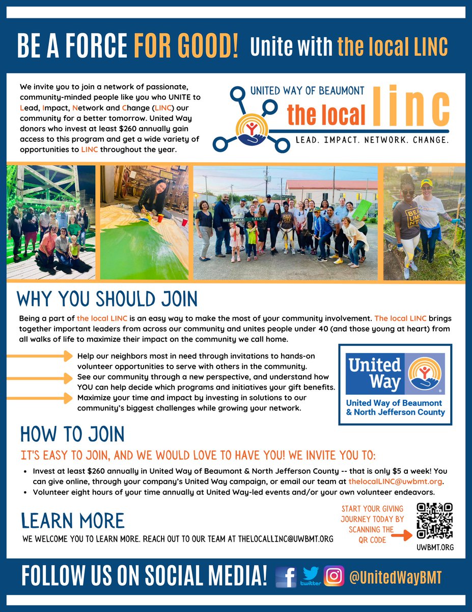 UnitedWayBMT's tweet photo. We invite you to join a group of passionate, community-minded individuals just like yourself who UNITE to Lead, Impact, Network, Change (LINC) our community for a better tomorrow. Join the Local LINC here: https://t.co/3OkcYMUCjk 

#LINCupwithus #LocalLoveBMT #UNITEwithusBMT https://t.co/gOJhTEXzxr