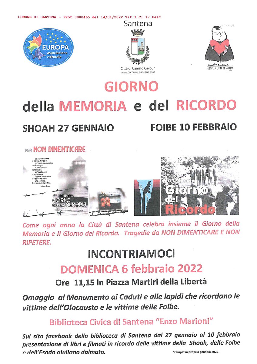 CittaMetroTO's tweet photo. #versoil27gennaio #giornatadellamemoria #giornodellamemoria
Celebrazioni a: #CaselleTorinese #Pianezza #Pinasca e #Santena
ℹ https://t.co/kIWnBfatyh https://t.co/Quv2GEl2g3