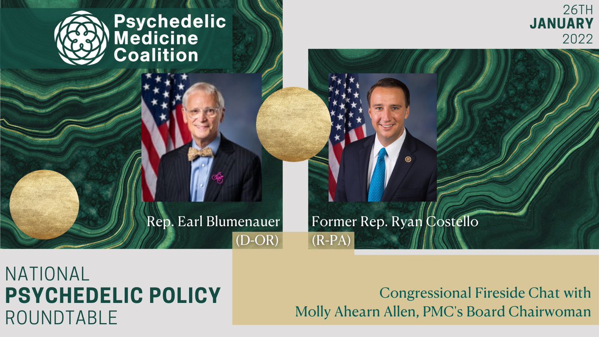 TOMORROW is PMC’s Nat’l Psychedelic Policy Roundtable. We’re delighted to welcome special guests Rep. Earl Blumenauer (D-OR) and Former Rep. Ryan Costello (R-PA), who discuss the growing potential for bipartisan psychedelic legislation with PMC Chairwoman Molly Ahearn Allen: