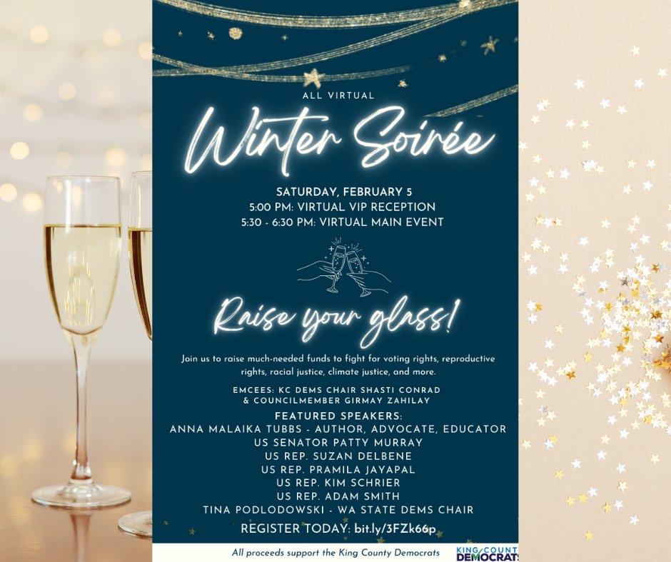 kcdems's tweet photo. Join us at the King County Democrats Virtual Winter Soirée on February 5th. We have an awesome lineup of activists, authors, elected officials, and musicians. It's all VIRTUAL.
https://t.co/bvgRcLiOFz https://t.co/uhBWpOY1VI