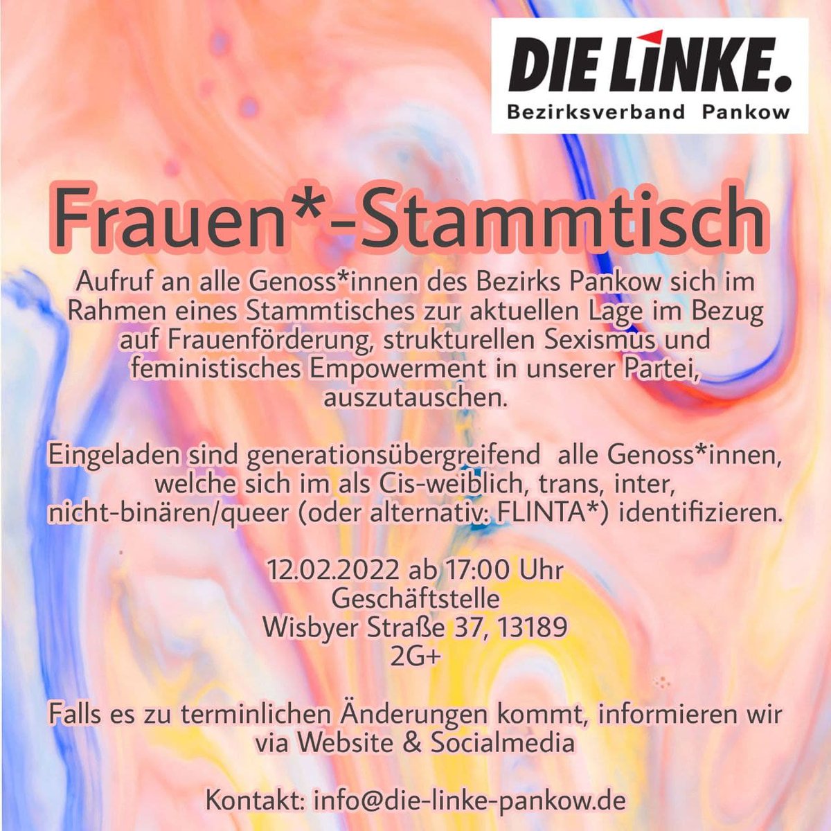 Alle Genoss*innen von <a href="/LinkePankow/">Die Linke Pankow</a> aufgepasst:
Stammtisch zur aktuellen Lage unserer Partei bzgl. Frauenförderung, strukturellem Sexismus und feministischem Empowerment!

12.02.2022 um 17:00
Kontakt unter info@die-linke-pankow.de 

Mehr Infos 👇