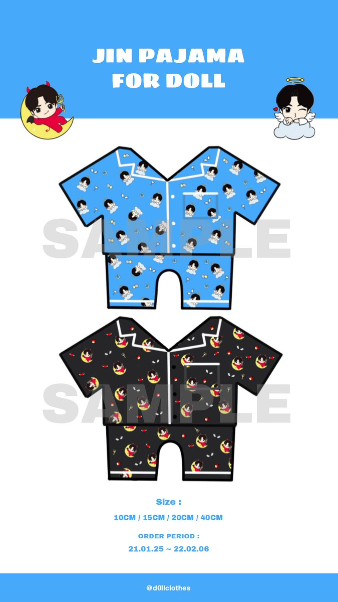 BTSd0llclothes's tweet photo. [HELP RT] OPEN ORDER

JIN PAJAMA FOR DOLL

👕 Size : 10,15,20 &amp; 40CM
🗓 Order period : ~22.02.06
🖇 Details : https://t.co/6e3PrvXjhI

💜RT 추첨을 통해 2면에게 슬로건을 드립니다
💜RT &amp; i'll send 2 SET to lucky draw winner!

💜G.O = DM 
#JIN #진 #BTS #방탄소년단 #btsdoll #jindoll https://t.co/xcmlMQDxff