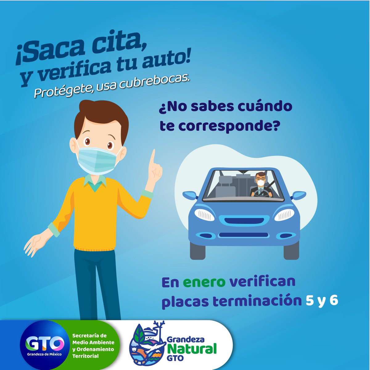 aguagobgente's tweet photo. #QueNoSeTePase | Si tu vehículo tiene placas con terminación 5 y 6 durante enero deberás realizar la verificación del 1er semestre.🚗☁️✅
¡Cuidar el aire que respiramos!, #EsoEsGrandeza🙌🏾
😉📲 No olvides sacar tu cita: https://t.co/CbJGlrxIOR
#GTOSustentable https://t.co/XS7iDIfQm8