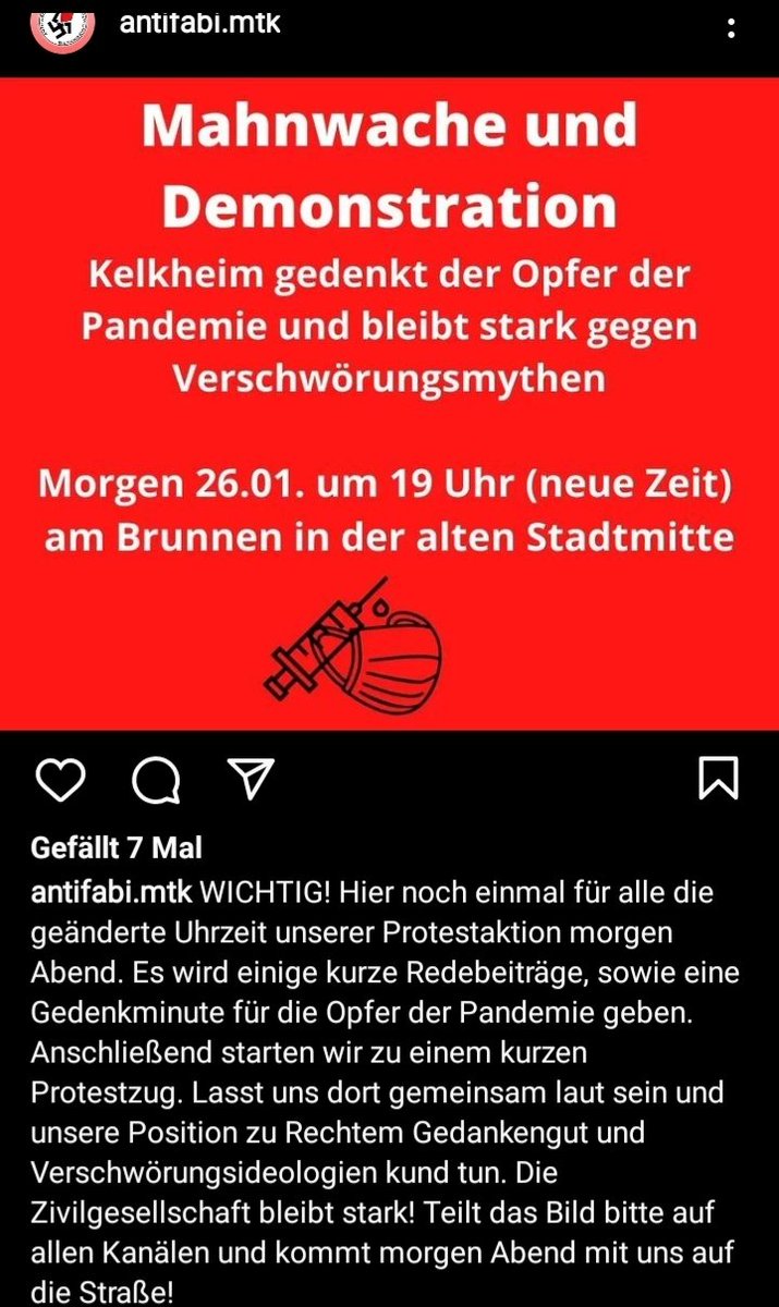 Morgen gibt es eine Mahnwache und Demo in Gedenken an die Opfer der Pandemie und gegen Verachwörungsmythen.

Supported das gerne.

<a href="/MTKgegenRechts/">MTK gegen Rechts</a> <a href="/grenzenlos_MTK/">Sol(((i))) MTK</a> @VVNBdaFfm <a href="/oatfrankfurt/">OAT Frankfurt</a> <a href="/ak_069/">Antifaschistisches Kollektiv 069</a> @161Taunus <a href="/DemoTickerFFM/">DemoTickerFFM</a>