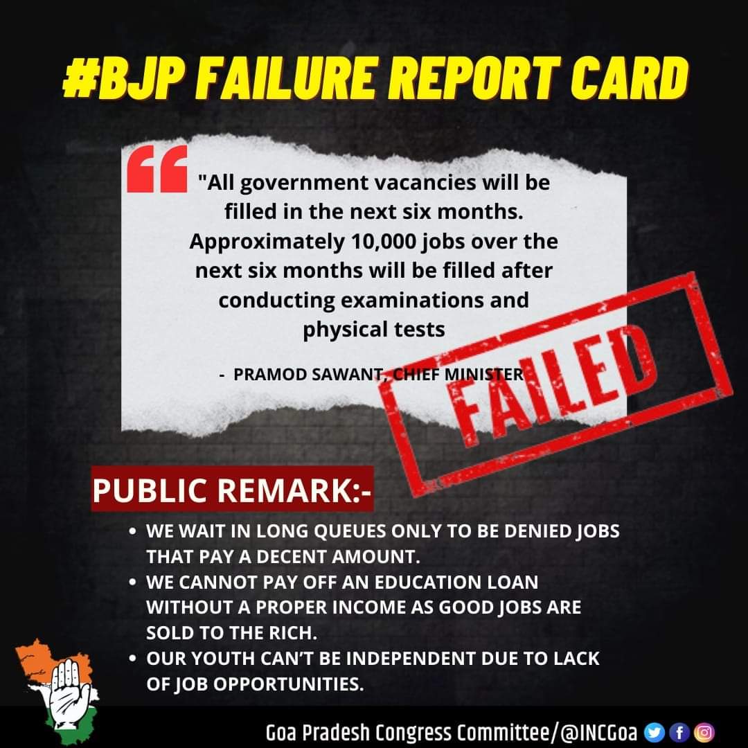 Gurunath_BJP's tweet photo. BJP made many promises on providing employment during the 2017 elections, but in reality lakhs among Goa's youth continue to suffer from unemployment.
It is time to put an end to a rule that meddles with our youth's future.
#BJPFailureReportCard https://t.co/LEBp773qBY