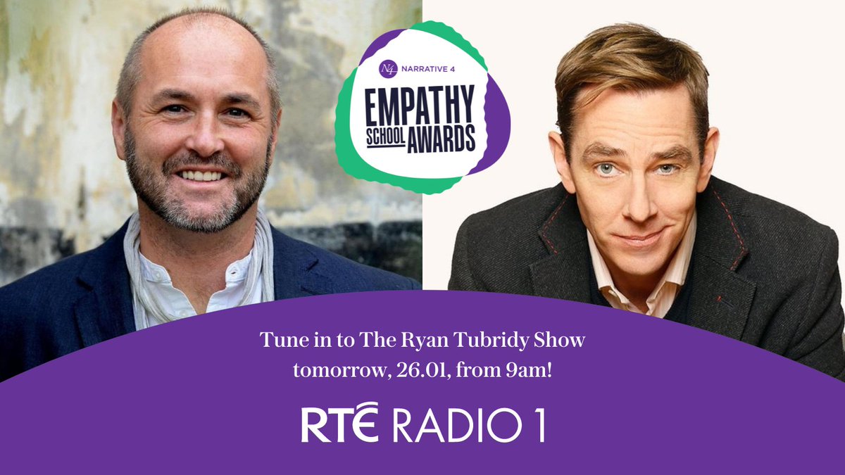 Narrative 4 Ireland (@narrative4_irl) on Twitter photo 📻 Don't miss tomorrow's @RyanTubridyShow! 📻 Tune in to <a href="/RTERadio1/">RTÉ Radio 1</a> from 9am to hear Colum McCann, Author and Co-Founder of Narrative 4, talking about the #EmpathySchoolAward 🎉
(P.S., click the link below for more details on the Awards 👀 narrative4.ie/empathy-school…) 📻 Don't miss tomorrow's @RyanTubridyShow! 📻 Tune in to <a href="/RTERadio1/">RTÉ Radio 1</a> from 9am to hear Colum McCann, Author and Co-Founder of Narrative 4, talking about the #EmpathySchoolAward 🎉
(P.S., click the link below for more details on the Awards 👀 narrative4.ie/empathy-school…)