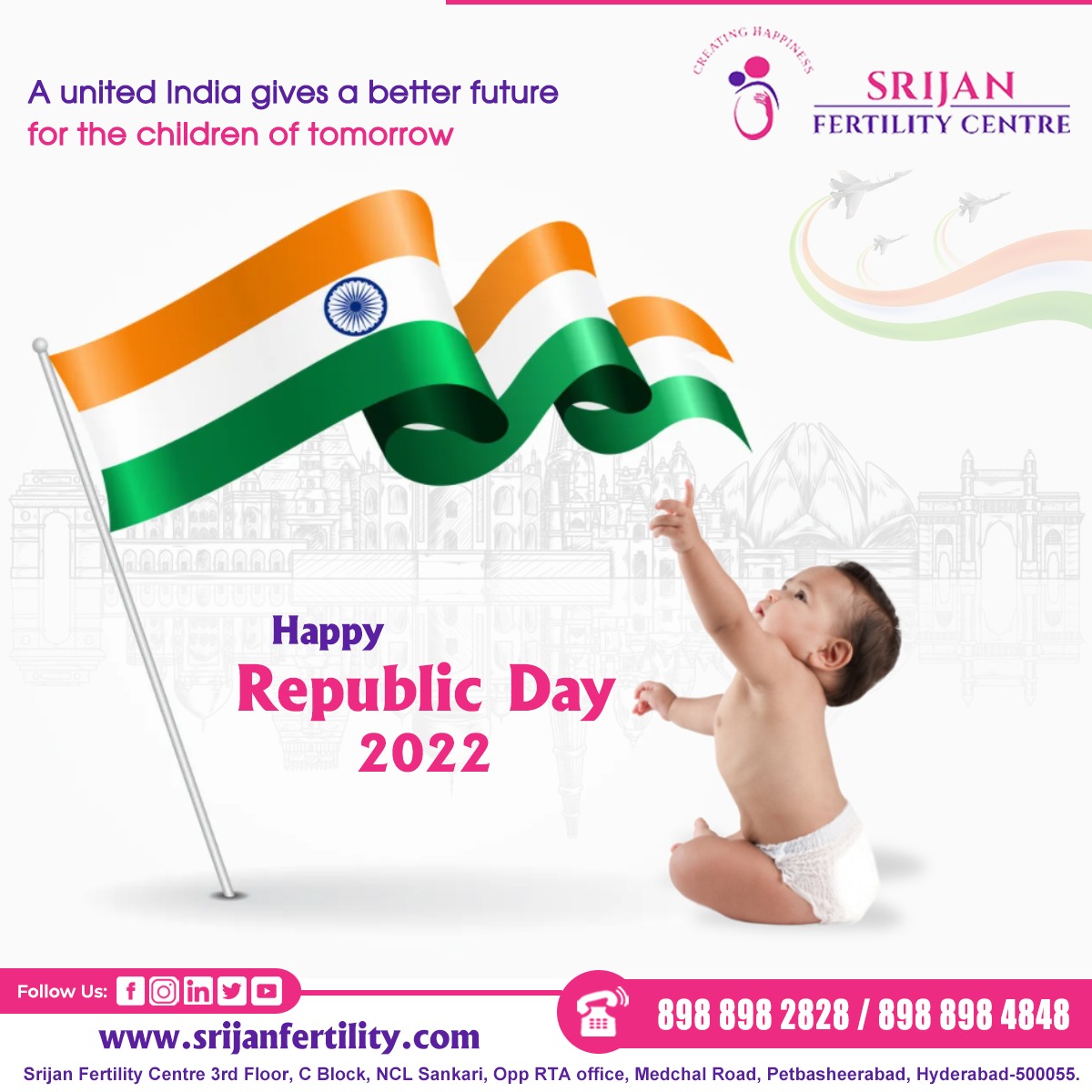 Srijanfertility's tweet photo. A United India gives a better future for the children of tomorrow. 

Srijan Fertility Centre wishes you all a Happy Republic Day!!
.
#SrijanFertilityCentre
#republicday #26january #india #indianconstitution #indiannation #freedom #indianarmy #countrylove  #happyrepublicday https://t.co/UF4yTsSu1o
