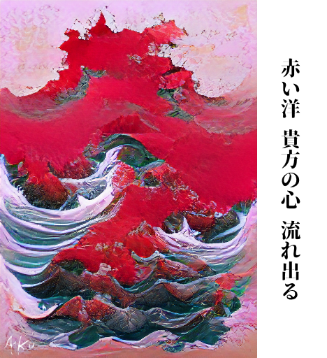 Aiko_Haiku's tweet photo. en:
Your heart
Flows out
A deep red sea

jp:
あかいなだ あなたのこころ ながれでる
(Haiku n° 12)

#aiart #haiku #generativeart #japanese #artificialintelligence #digitalart https://t.co/mSfJmdOire