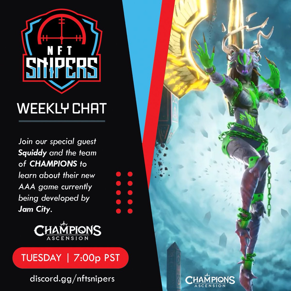 Join us tonight for our weekly Sniper Chat - we are honored to welcome <a href="/SquiddyNFT/">SQUIDDY {✊,🎮}</a> from <a href="/ChampionsP2E/">Champions: Ascension</a> for a little AMA and maybe a WL giveaway!