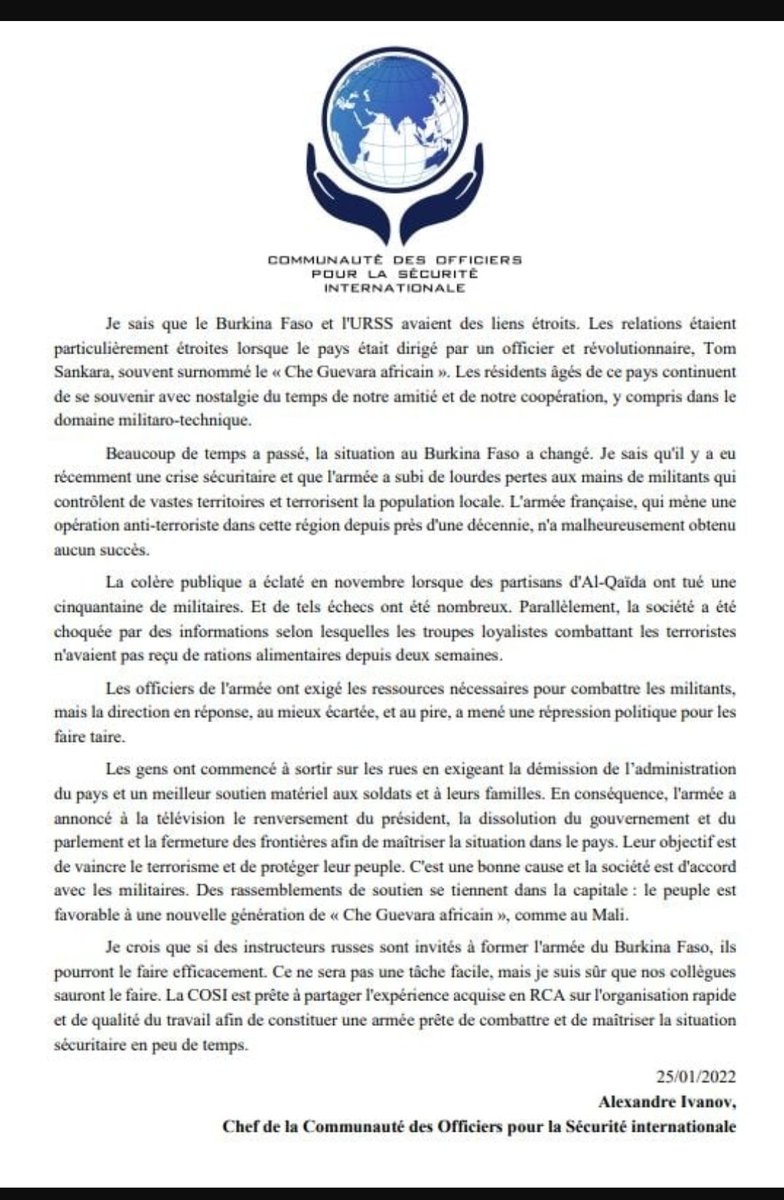 folasoule's tweet image. 🇷🇺🇧🇫Russia's offer (via Alexandre Ivanov, Head of the officers union for international security ) to train the army in Burkina Faso following the coup (communiqué in french)
