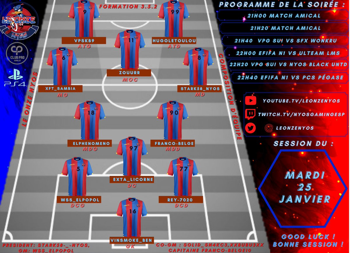 Nouvelle soiree de competition ce soir avec 4 matchs au programme. 

2 de @EfifaOnline vs @PCSPegaze et <a href="/Ulteam_LMS/">ULTEAM LMS</a> 

2 de <a href="/SwissVPG/">VPG Switzerland 🇨🇭</a> vs @BlackNyosUnited et <a href="/SfxWonkru/">ManuNena88</a> 

De beau match ce soir et nos ducks sont pret et voici les 11 appelé du soir💪

Bon match a tous nos adversaires