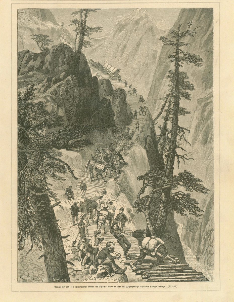 View of the road over the Rocky Mountains near Leadville made with logs)
This wood engraving shows one of the hardships miners endured crossing the Rocky Mountains
Published 1879.
#RockyMountains, #Colorado, #Pioneers, #Leadville, #Mining
lovelyantiqueprints.com/collections/la…