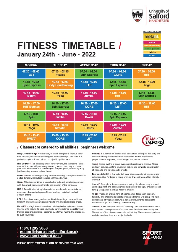 Our new Fitness Timetable for Trimester 2 is now live! Members can book on now #Staff #Students #Yoga #Pilates #Zumba #TeamSalford