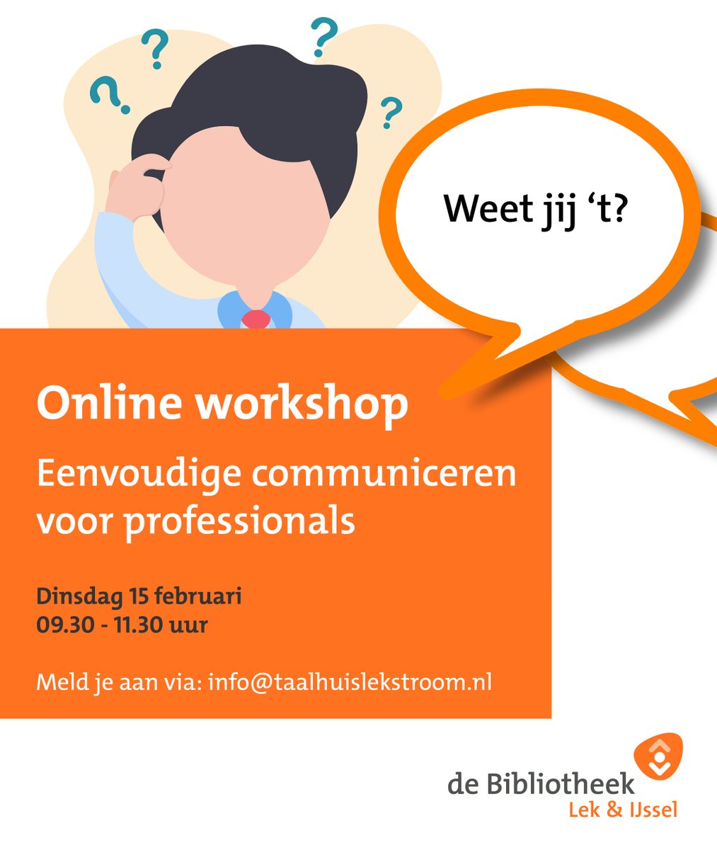 BiebLekIJssel's tweet photo. Zo'n 1,8 miljoen mensen hebben moeite met lezen en schrijven in Nederland. Wil je weten hoe je brieven, formulieren, flyers en websites omzet naar begrijpelijke taal? Volg de online workshop Eenvoudig Communiceren op dinsdag 15 februari. Meld je aan via info@taalhuislekstroom.nl https://t.co/R5sydOTjbk