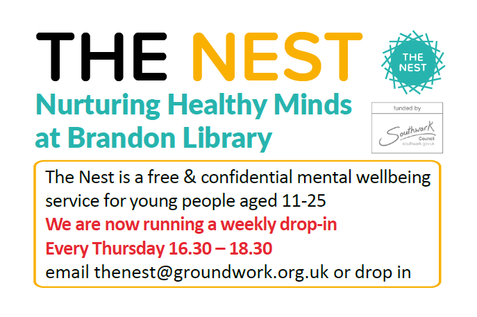 SouthwarkLibs's tweet image. Feeling stressed or sad about friends, family, school or work? 
#BrandonLibrary is offering a safe drop-in space every Thursday PM for mental wellbeing support with The Nest.
Email thenest@groundwork.org.uk to find out more.