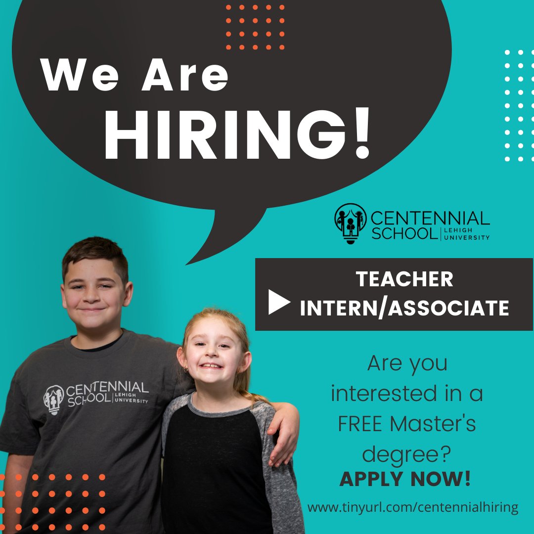 We are hiring an elementary teacher associate/intern.  To learn more, please visit our website: centennial.lehigh.edu/welcome-centen… #nicematters