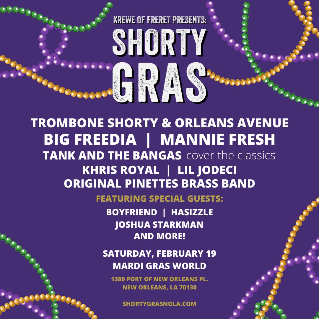 bigfreedia's tweet photo. It's Back! On February 19, 2022, The Krewe of Freret Presents Shorty Gras!!
Enter contest to win 2 spots on a float in the parade and 2 VIP passes to Shorty Gras
Tickets on sale NOW!!
#BigFreedia #QueenDiva #BDE #Bouncemusic #nola #neworleans #livemusic #music #JustBeFree https://t.co/ivqC2nWqg9