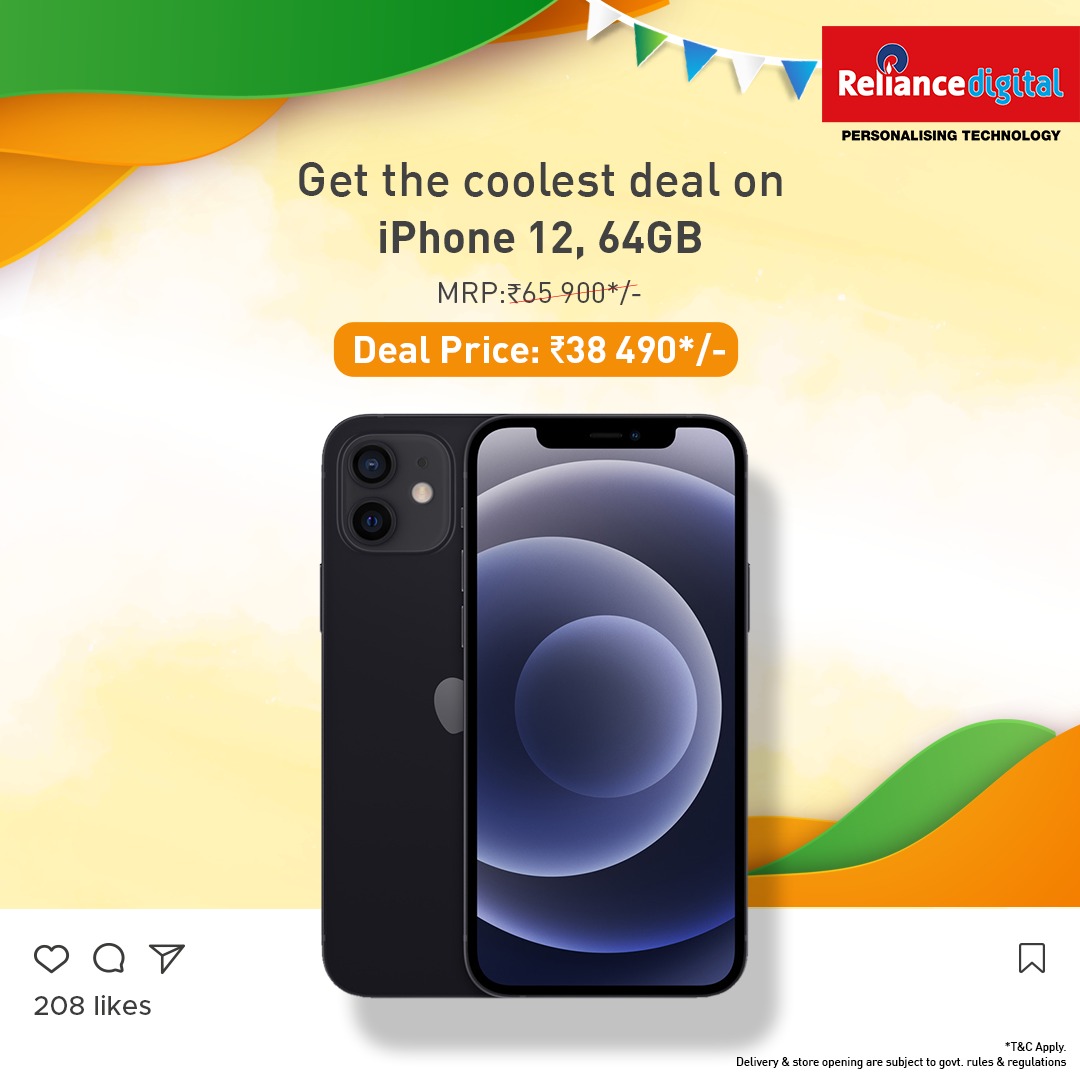 RelianceDigital's tweet image. Your favourite iPhone 12 is now available at an amazing price of ₹38 490*/- for TODAY ONLY! Shop on reliancedigital.in &amp;amp; enjoy a 6% instant discount on HDFC Bank &amp;amp; ICICI Bank cards. T&amp;amp;C Apply. Offer valid in stores only. #Deals4India