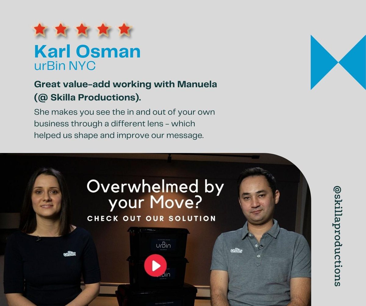 Skillapros's tweet photo. Is it just the end product that matters or does the process matter too? Process matters a lot.  According to @urBin_NYC another satisfied customer!
While interviewing, we clarified urBin's top strengths, which they currently highlight in their marketing. 
#videoproduction #video https://t.co/7QqFixfWVn