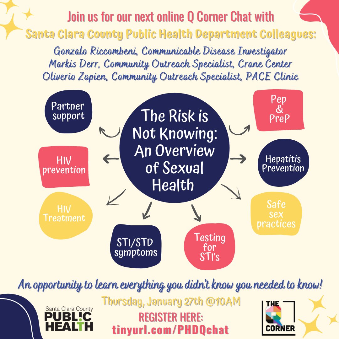 OasisLegal's tweet photo. The Risk is Not Knowing: An Overview of Sexual Health on Thursday, January 27th, 10am – 11am🩺

Join @TheQCorner and Santa Clara County Public Health Department Colleagues to learn everything you need to know about sexual health! 

✨Register Here: https://t.co/SVAAJ4CgyI https://t.co/mmNUfP35Uf
