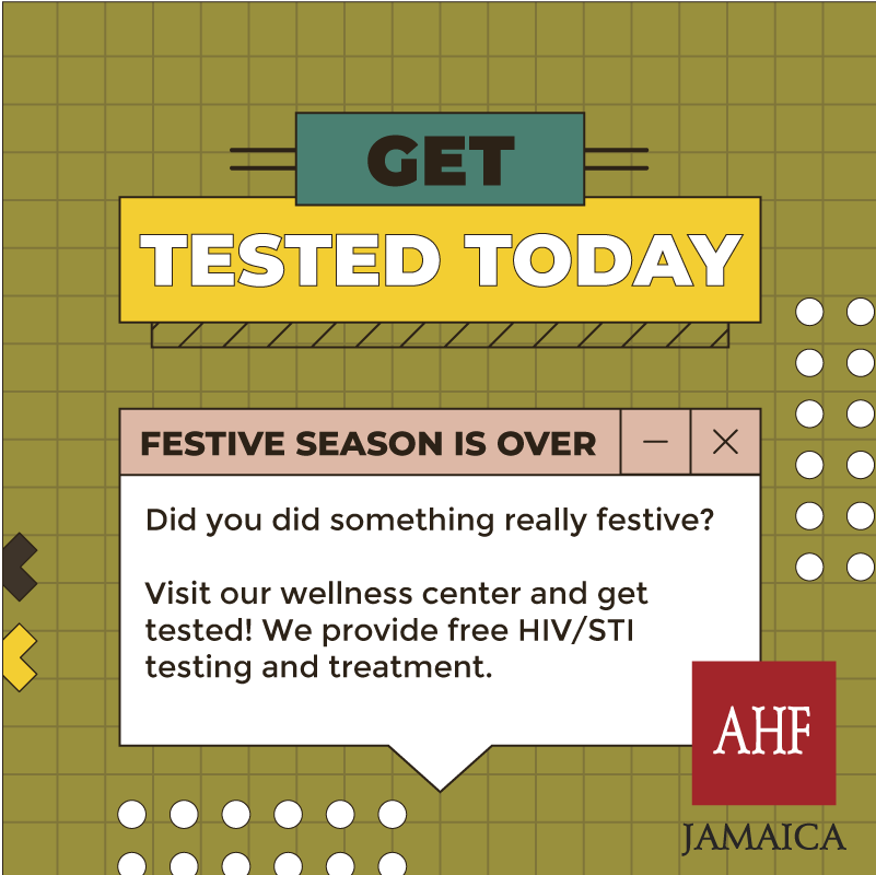 ahfjamaica's tweet photo. The Festive season is over, did you did something really festive?! Get Tested today!
Visit our wellness center and get tested! We provide free HIV/STI testing and treatment.
#AHFJamaica #FreeHIVTest #FreeSTITest #FreeSTITreatment https://t.co/zZWLfwgv9S