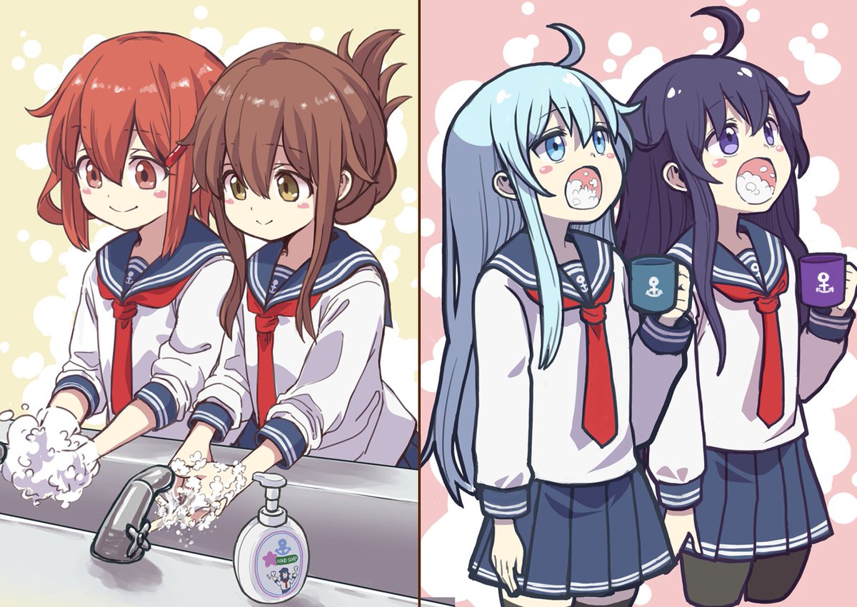 akatsuki (kancolle) ,hibiki (kancolle) ,ikazuchi (kancolle) ,inazuma (kancolle) multiple girls brown hair school uniform serafuku folded ponytail long hair pantyhose  illustration images