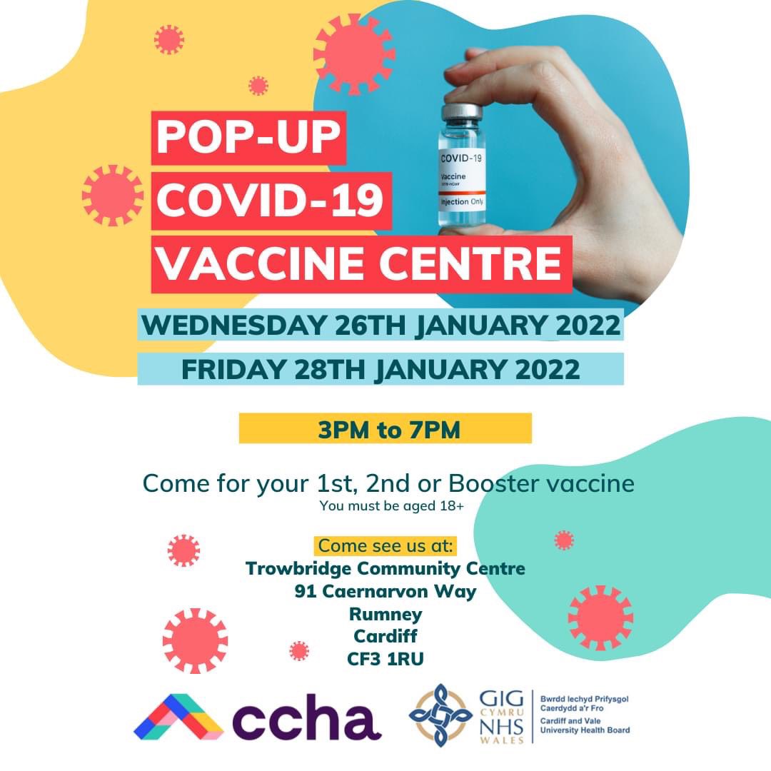CCHACorporate's tweet photo. Tomorrow our Covid Vaccination Clinic is back and, this time, we're in Trowbridge Community Centre.

Need your first, second, or booster vaccine? 

We got you! The amazing @CV_UHB health team will be on hand to provide support and a friendly face to greet you when you arrive. https://t.co/3xjCkDsb9B