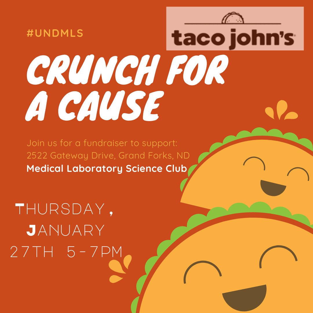 UNDMLS's tweet photo. Eat Tacos and support your UND MLS Club this Thursday by eating a Taco John's and mentioning the MLS Club! #tacos #undpround #futurescientists https://t.co/6zaRkhh0ka