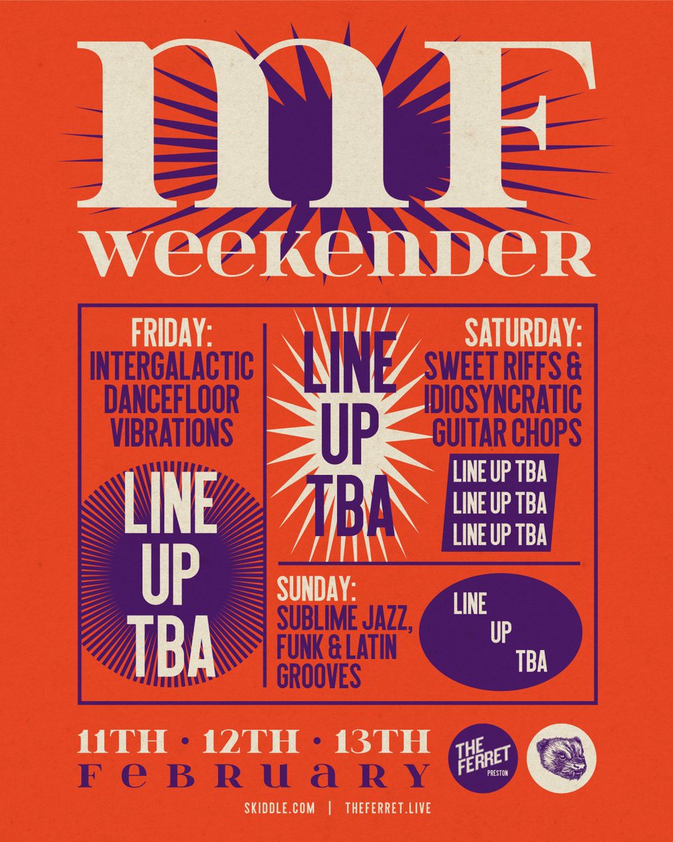 MF WEEKENDER
11th, 12th, 13th Feb

Friday:
INTERGALACTIC DANCEFLOOR VIBRATIONS
Live electronic acts &amp; international DJs.

Sat:
SWEET RIFFS &amp; IDIOSYNCRATIC GUITAR CHOPS
Alternative &amp; psychedelic indie-rock bands.

Sun:
SUBLIME JAZZ, FUNK &amp; LATIN GROOVES
Live jazz music &amp; funk DJs.