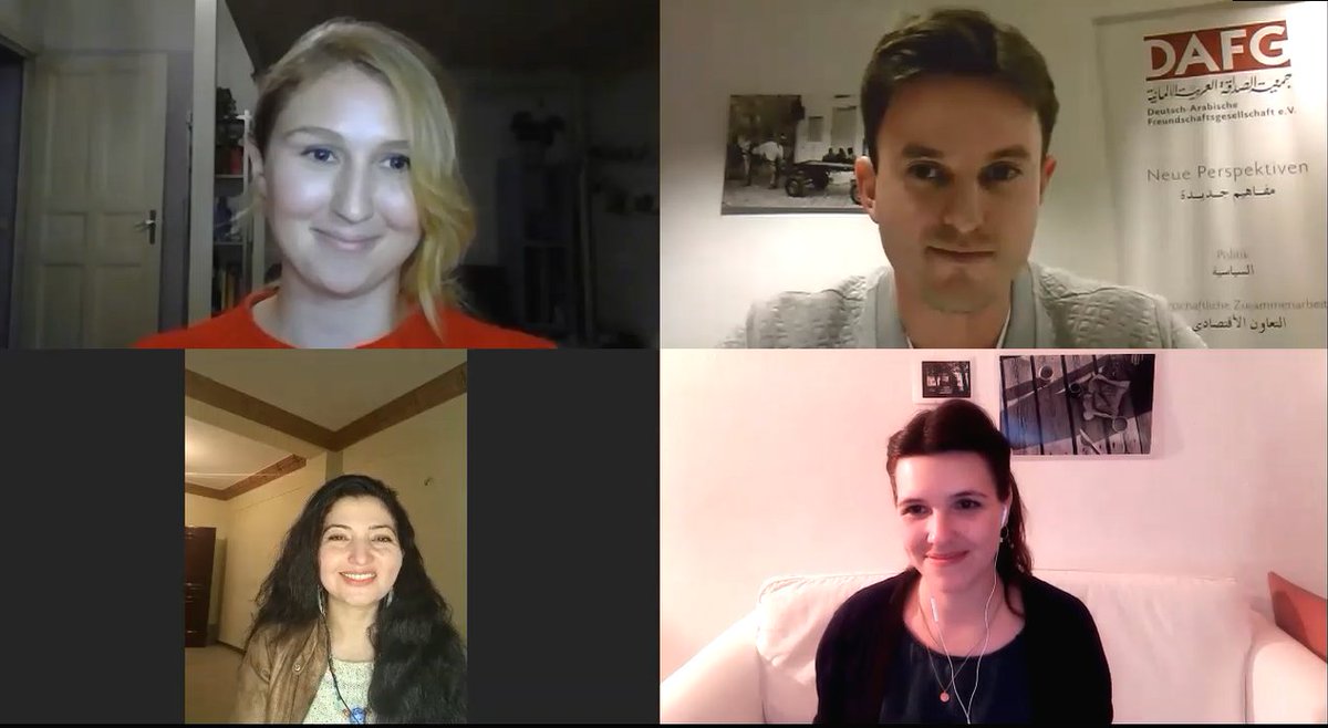 DAFG_eV's tweet photo. Many thanks to Rasha, Linda &amp; Katrin from @AswatonaP for the great insights in yesterday's @DAFG_eV Jour Fixe event on the first transnational podcast network from the WANA-region and Germany, Aswatona - Our Voices (https://t.co/WAw5vpRwha). https://t.co/TbRXpXAC4v